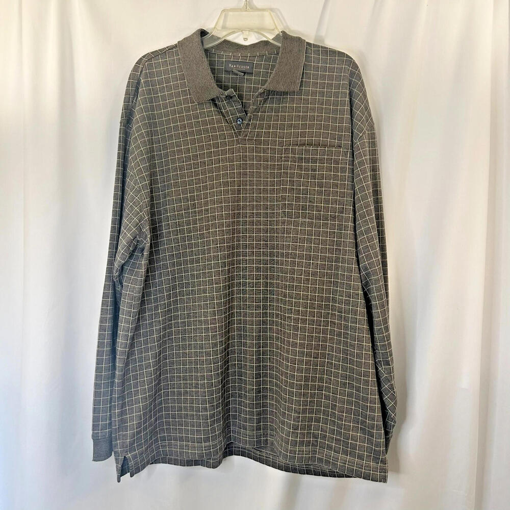Van Heusen Gray/Tan Check Long Sleeve Polo Shirt Men's XXL Henley